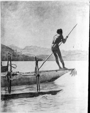 Man poling outrigger canoe, poling, Bootless Inlet, Papua, 1922, 2 / Sarah Chinnery