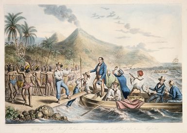 Baxter, George 1804-1867 :The reception of the Rev.d J. Williams at Tanna in the South Seas the day before he was massacred. Designed, engraved and published on the 1st day of January 1841, by the patentee of oil colour printing, George Baxter... London