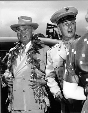 Former President Harry S. Truman at the conclusion of ceremonies at the Marine Corps Air Station, Kaneohe Bay, Hawaii