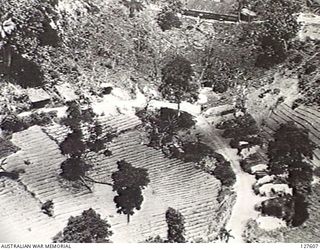RABAUL, NEW BRITAIN. 1943-10-02. VEHICLE PARK HIDDEN BY DUMMY VEGETABLE GARDENS JUST PAST THE SEARCHLIGHT POSITION