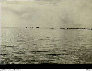Los Negros Island, Admiralty Group. c. 1944. An United States Naval Task Force standing off the island