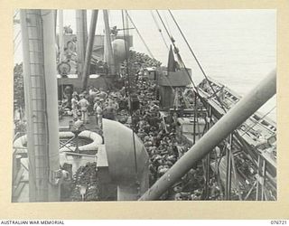 LAE, NEW GUINEA. 1944-11-01. 3RD DIVISION HEADQUARTERS AND ATTACHED TROOPS ABOARD THE LIBERTY SHIP, LINDLEY M. GARRISON FOR THEIR MOVEMENT TO BOUGAINVILLE ISLAND