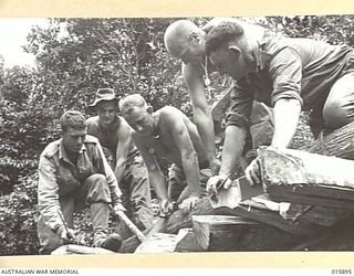 1943-10-01. NEW GUINEA. LAE. LEFT TO RIGHT - PTE A. SCOTT OF FITZROY, VIC; SGT J. LEWINGTON OF LEETON, NSW; SGT N. PEPPER OF COWRA, NSW; CPL E. J. SHERVEY OF BABINDA, QLD WITH SGT JIM GORDON, VC OF ..