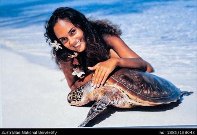 French Polynesia - Polynesian woman with sea turtle