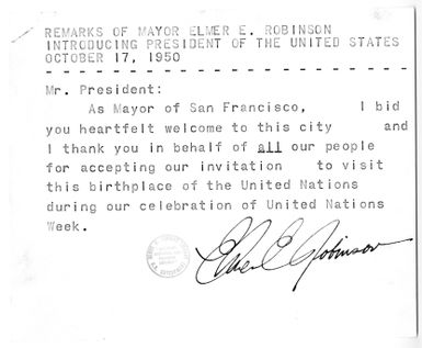 Text of Remarks of Mayor of San Francisco, California Elmer E. Robinson, Introducing President Harry S. Truman