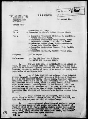 USS WHARTON - Rep of Landing Ops Guam Is, Marianas, 7/21-29/44