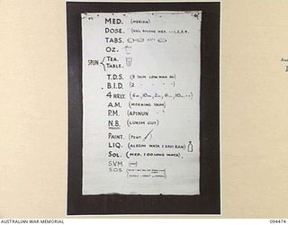 LAE AREA, NEW GUINEA, 1945-08-03. A "PIDGIN" ENGLISH CHART USED FOR THE INSTRUCTION OF NATIVE REGIMENTAL AID POST ORDERLIES. THE PHOTOGRAPH WAS MADE AT THE REQUEST OF HEADQUARTERS AUSTRALIAN NEW ..