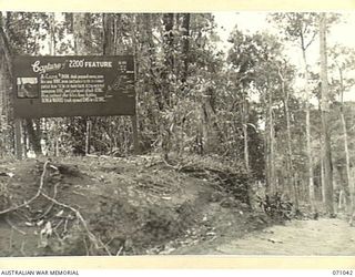 BONGA-WAREO TRACK, FINSCHHAFEN AREA, NEW GUINEA. 1944-03-13. ONE OF MANY BATTLE SIGNS IN THE FINSCHHAFEN AREA, THIS SIGN RECORDS ACTIVITIES OF "A" AND "C" COMPANIES 2/24TH INFANTRY BATTALION, IN ..