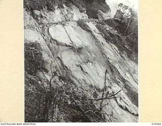 NEW GUINEA. 1944-07-09. A SECTION OF BADLY SLANTING ROCK STRATA ON THE NEW WAU-BULLDOG ROAD NEAR SECOMBE CAMP