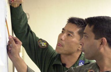 Major Tsuyoshi Ishida, (left), of Japan and Squadron Leader Shaheed Al-mamun, Bangladesh Air Force calculate drop zone targets in preparation for PACIFIC AIRLIFT RALLY 2001. PACIFIC AIRLIFT RALLY (PAR) is a PACAF-sponsored Military Airlift symposium for countries in the pacific region. PAR, held every two years and hosted by a pacific nation, this year Guam is the host nation with the symposium staging out of Andersen AFB. The symposium includes informational seminars with area of expertise briefings, a Command Post Exercise (CPX) which addresses military airlift support to a humanitarian airlift/disaster relief scenario, and a concurrent flying training program that builds upon the CPX...