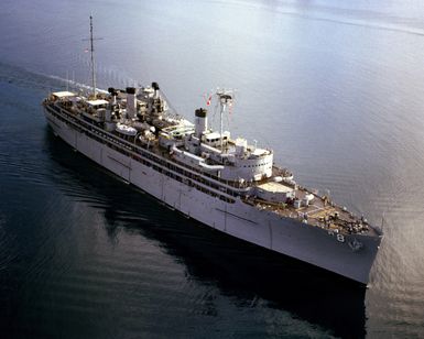 A starboard bow view of the repair ship USS JASON (AR 8) as the vessel enters the harbor