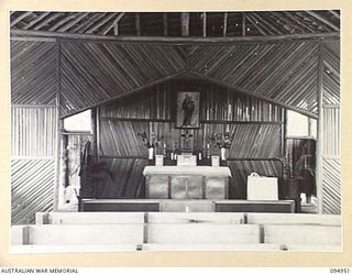 LAE AREA, NEW GUINEA. 1945-08-13. THE SANCTUARY IN THE ROMAN CATHOLIC CHAPEL, 2/7 GENERAL HOSPITAL. THE ALTAR WAS BUILT BY A PATIENT