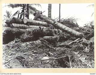 MADANG, NEW GUINEA. 1944-10. THE DAMAGE FROM THE SECOND ROUND OF A 95MM FIRED AGAINST NO. 2 BUNKER DURING PENETRATION TESTS CONDUCTED AT HQ 4 ARMOURED BRIGADE