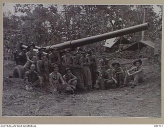HAWAIN, WEWAK AREA, NEW GUINEA. 1945-05-08. AN ALL AUSTRALIAN GUN CREW OF 2/3 FIELD REGIMENT, REPRESENTING ALL STATES OF THE COMMONWEALTH. THEY ARE GROUPED ALONGSIDE THEIR "LONG TOM" 155MM GUN ..