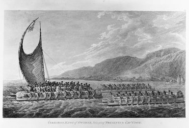 Webber, John, 1751-1793 :Tereoboo, king of Owyhee, bringing presents to Capt Cook. [1784]. J. Webber del. B T Pouncy sc. [London, 1784]