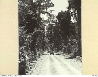 LAE, NEW GUINEA. 1944-03-30. THE ROADWAY TO THE 151ST GENERAL TRANSPORT COMPANY, BUILT WITHOUT MECHANICAL EQUIPMENT AND REQUIRING THE CHECKING OF BEARING TO ENSURE CONNECTION WITH THE UNFINISHED ..