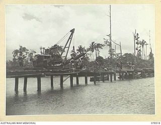 BOUGAINVILLE ISLAND, 1945-01-19. A SAPPER OF THE 5TH FIELD COMPANY, OPERATING A MOBILE CRANE PLACING STRINGERS IN POSITION ON THE NEW BRIDGE WHICH THE UNIT IS BUILDING ACROSS THE REINI RIVER