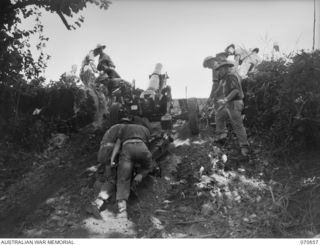 DALLMAN RIVER, NEW GUINEA, 1944-02-23. MEMBERS OF THE 2/14TH FIELD REGIMENT MANHANDLING A SHORT 25-POUNDER GUN UP A STEEP INCLINE