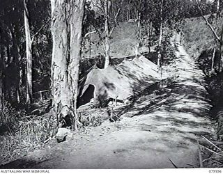 ORO BAY, NEW GUINEA. 1943-04. A WARD BUILT WITH A UNITED STATES ARMY WARD TENT (ACCOMMODATING 40 STRETCHERS) AND DUG INTO THE SIDE OF A HILL AT THE HEADQUARTERS OF 10TH FIELD AMBULANCE