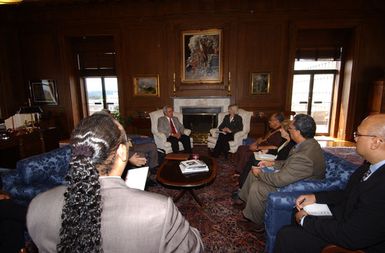 Secretary Gale Norton meeting with visiting political delegation from American Samoa, including Governor Togiola Tulafono, rear left, at Department of Interior headquarters