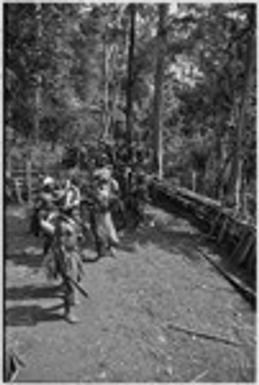 Pig festival, stake-planting, Tuguma: decorated men inside house fence join procession to enemy boundary