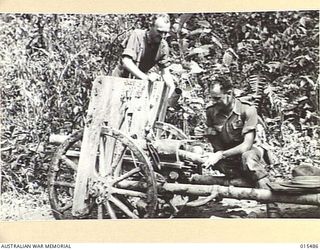 1943-08-10. NEW GUINEA. MOUNT TAMBU FIGHTING. A JAPANESE MOUNTAIN GUN CAPTURED BY AUSTRALIANS IN THE FIGHTING ON MOUNT TAMBU. WARRANT OFFICER E. BRITTEN, OF NEW GUINEA, AND CAPTAIN LEE. MCLAREN, ..