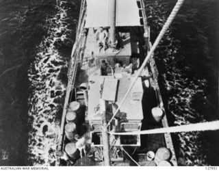 PORT MORESBY, PAPUA. 1942-07. 60-TON TRADING SCHOONER "ROYAL ENDEAVOUR" CARRYING SUPPLIES TO KANGA FORCE, EN ROUTE FROM PORT MORESBY TO LAKEKAMU RIVER, WHERE THE SUPPLIES WILL BE UNLOADED FOR ..