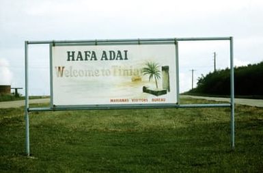 A sign welcomes participants of Exercise Kennel Bear '4-82. Tinian is part of the Marina Island group Saipan, and was used as an airfield during World War II