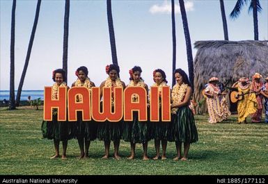 Kodak Hulu Show - dancers holding letters spelling 'Hawaii'