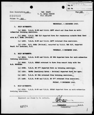 COMNAVFOR FIJI - War Diary, 12/1-31/43