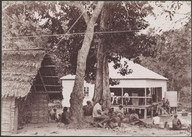 Villagers seated in and around the mission house at Vipaka, Loh, Torres Islands, 1906 / J.W. Beattie