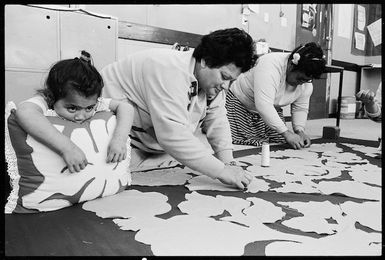 Toru Tauakume and Ina Makirere working on a Tivaevae - Photograph taken by John Nicholson