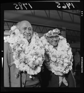 Cook Island Parliamentary leaders Albert Henry and Dr Manea Tamarua on arrival at Wellington Airport