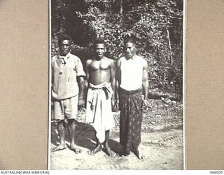 BULLDOG-WAU ROAD, NEW GUINEA. 1944-01-19. THREE NATIVE BOYS WHO SERVE AS PERSONAL ATTENDANTS AT HEADQUARTERS, 2/4TH FIELD SQUADRON AT 20 MILE. THEY ARE:- GUSAUA (1); TOMA (2); TOM (3)