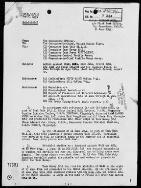 BELLEAU WOOD - Rep of Act Against Guam, Rota & Pagan Is, Marianas &Haha Jima & Iwo Jima, Bonins & Jap Fleet West of Marianas, 6/11-24/44