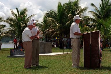 Retired GEN. Louis H. Wilson, a Medal of Honor recipient and former Commandant of the Marine Corps, addresses the audience during the 50th anniversary ceremony of the World War II Liberation of Guam