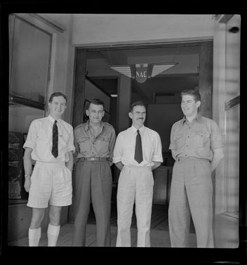 New Zealand National Airways Corporation, Suva, Fiji, from left are D H McCaig, senior traffic officer Fiji, J Gillon, traffic supervisor Auckland District, T O'Connell, regional manager Fiji, S Jackson, space control British Commonwealth Pacific Airlines, Sydney