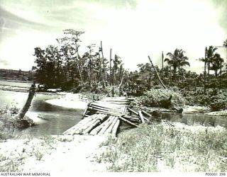 NEW IRELAND, 1945-10. ALLIED AND JAPANESE SERVICE PERSONNEL AT A LOW LEVEL WATER CROSSING. (RNZAF OFFICIAL PHOTOGRAPH.)