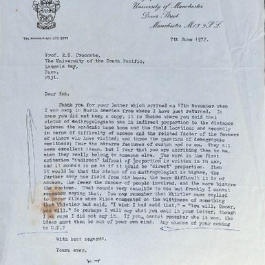 Letter from Max Gluckman, University of Manchester, to Ron Crocombe