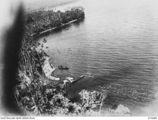 1943-04-16. NEW GUINEA. MILNE BAY. AERIAL PHOTOGRAPH OF THE COASTAL STRIP WHERE THE MILNE BAY BATTLE WAS FOUGHT