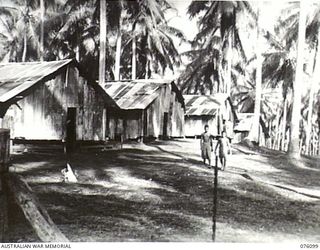 KARKAR ISLAND, NEW GUINEA. 1944-09-20. TEMPORARY DWELLINGS BUILT TO HOUSE NATIVES WORKING WITH THE AUSTRALIAN NEW GUINEA ADMINISTRATIVE UNIT ON THE RE-CLAMATION OF A PLANTATION