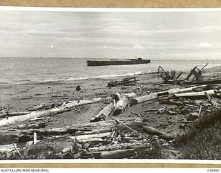 MIRAVASI, NEW GUINEA, 1943-09-07. LONG SHOT OF GROYNE BUILT BY THE 2/4TH AUSTRALIAN FIELD SQUADRON, ROYAL AUSTRALIAN ENGINEERS, IN ORDER TO DIVERT THE FLOW OF THE LAKEKAMU RIVER