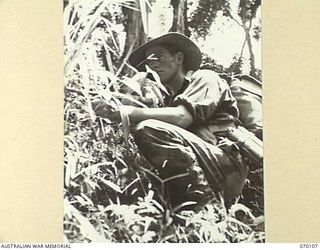 KETOBA, NEW GUINEA. 1944-01-29. V76017 SIGNALMAN P.J. RYAN A FORWARD SCOUT OF SIGNAL PLATOON, HEADQUARTERS COMPANY OF THE 57/60TH INFANTRY BATTALION, KEEPING A KEEN LOOKOUT FOR JAPANESE DURING THE ..