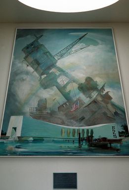 A view of a mural hung inside the USS ARIZONA Memorial