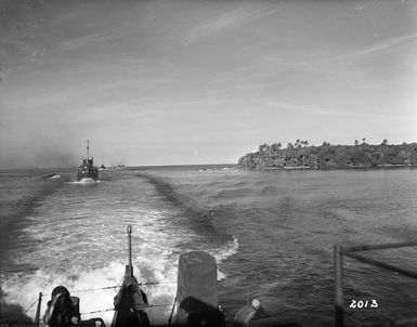 Convoy of New Zealand ships enters into the lagoon at Nissan Island, Papua New Guinea