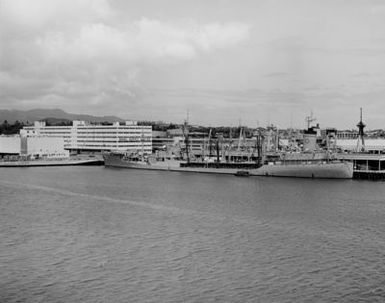 A view of the fleet oiler USNS TALUGA (T-AO 62) moored at the Naval Supply Center