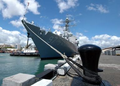 060809-N-4965F-005 (Aug. 9, 2006)The US Navy (USN) Arleigh Burke Class Guided Missile Destroyer (AEGIS) USS HALSEY (DDG 97), sits moored pier side at Naval Station (NS) Pearl Harbor, Hawaii (HI). Homeported in San Diego, California (CA), the newly commissioned ship is currently on its maiden deployment to the Western Pacific area of operation. U.S. Navy photo by Mass Communication SPECIALIST 1ST Class James E. Foehl (Released)