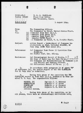 USS CLEVELAND - Report of Bombardment of Japanese Installations on Guam Island, Marianas on 7/21/44