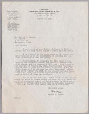 [Letter from Harris K. Weston to Harris L. Kempner, August 16, 1957]