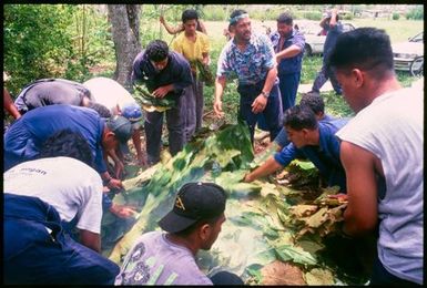 Men making an umu, Niue